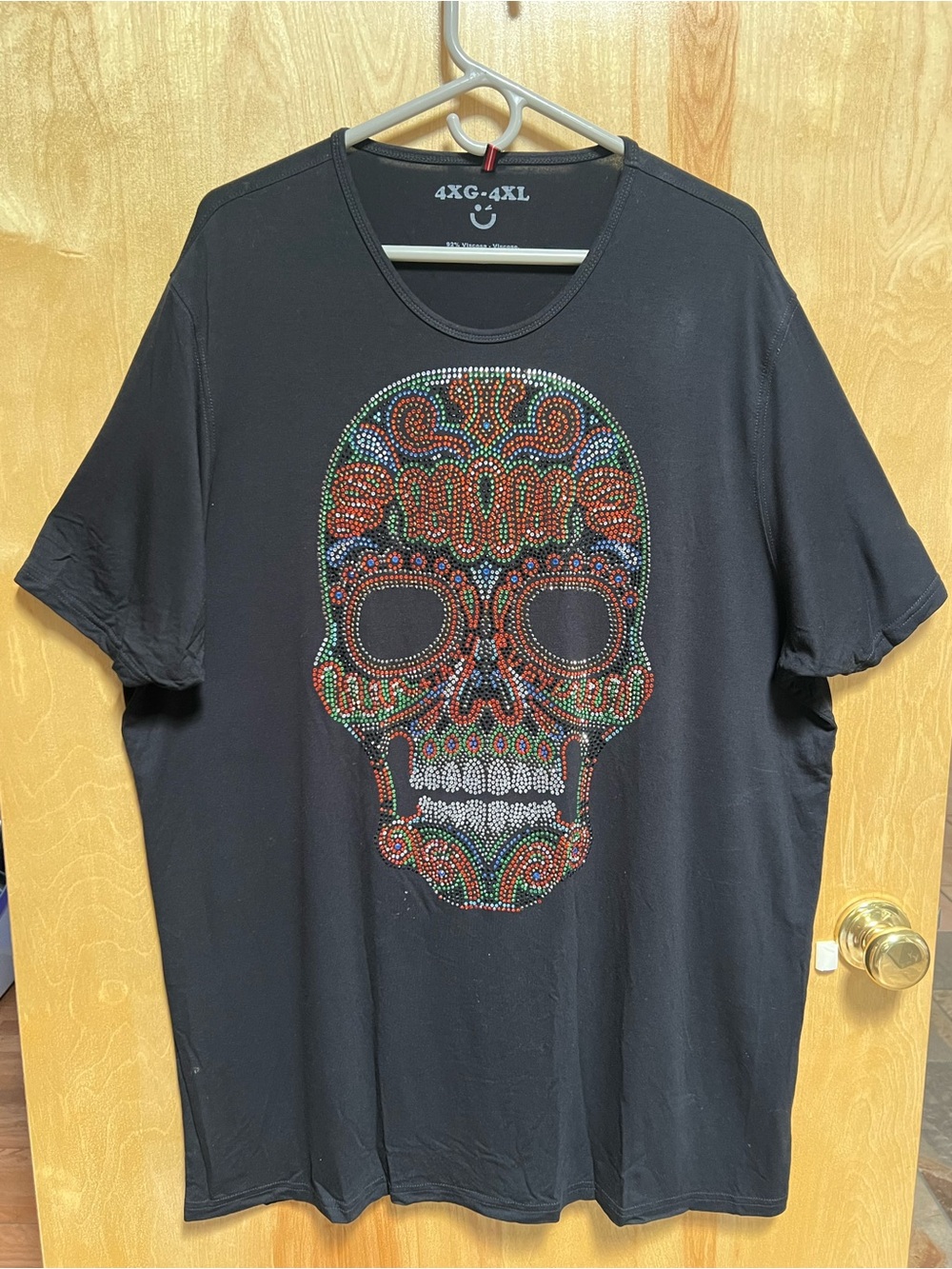 Men's ¡Ay Güey! Black Calavera Graphic Tee with Multicolor Rhinestone Design